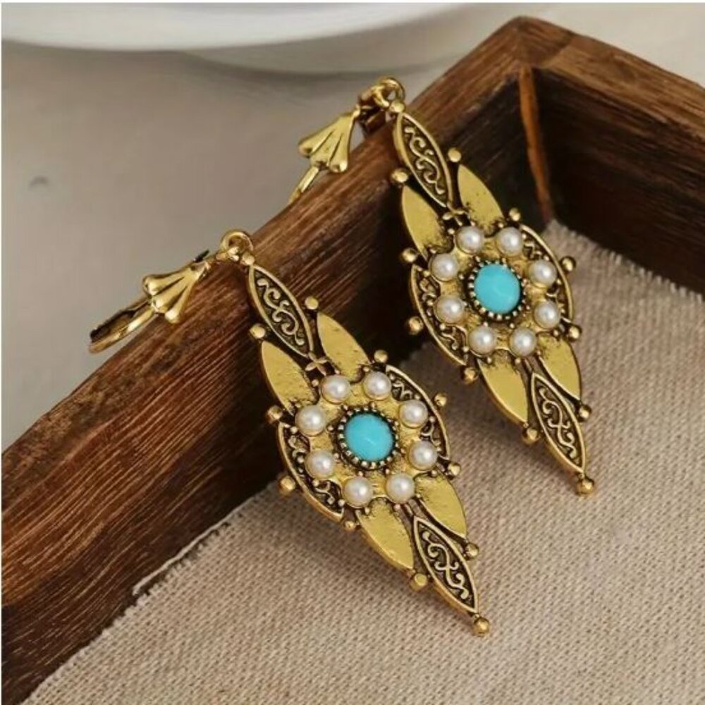 NEW Zelda Art Deco Gold Plated Seed Pearl Turquoise Drop Earrings - Picture 4 of 5